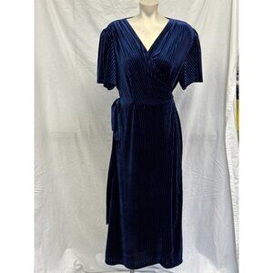 Womens Blue Ribbed Velvet V-Neck Wrap Midi Dress Size 2XL Short‎ Sleeve Formal